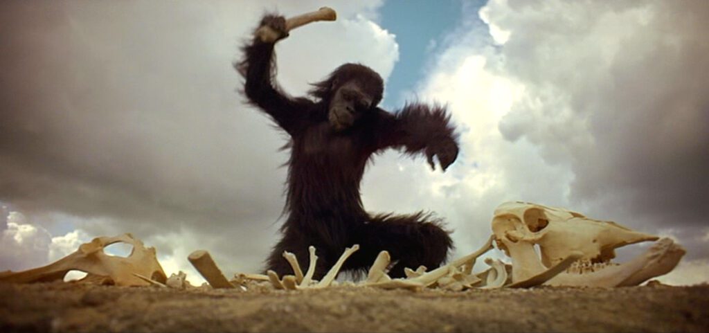 2001: A Space Odyssey - Stanley Kubrick - ape - hominid - bone - tapir - skeleton - smashing - clouds - sky