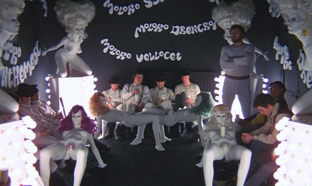 A Clockwork Orange - Stanley Kubrick - Korova Milk Bar - Alex DeLarge - droogs - Malcolm McDowell - moloko vellocet - opening scene