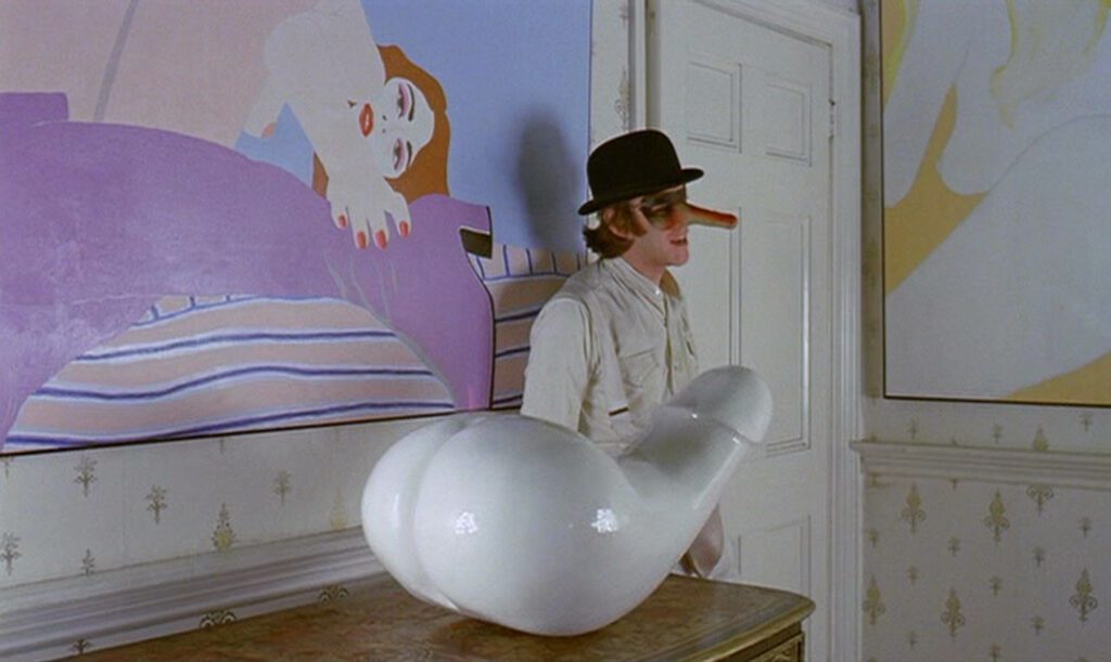 A Clockwork Orange - Stanley Kubrick - Malcolm McDowell - Alex DeLarge - Cat Lady - Health Farm - phallus - penis sculpture - paintings