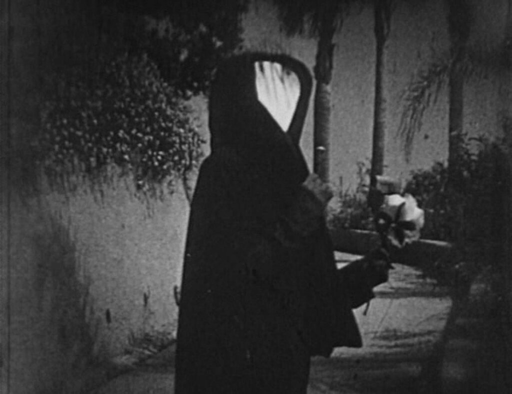 Meshes of the Afternoon - Maya Deren - Alexander Hammid - mirror face - black cloak - black hood - flower - sidewalk