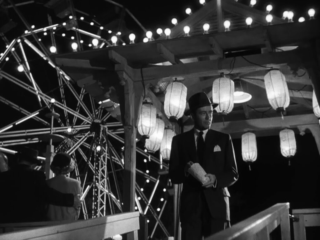 Strangers on a Train - Alfred Hitchcock - Robert Walker - Bruno Antony - carnival - ferris wheel - boat dock