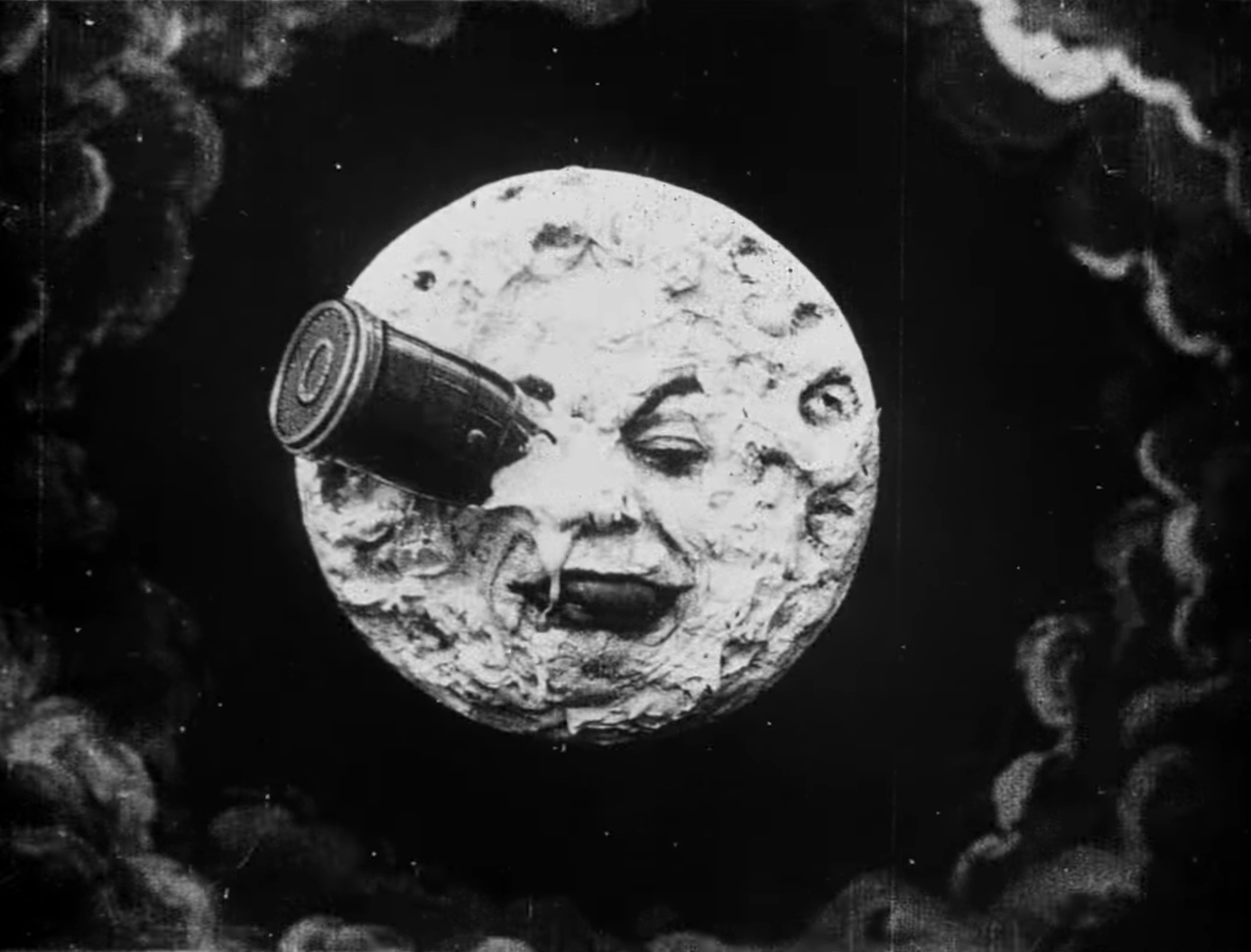 A Trip to the Moon - Le voyage dans la lune - Georges Méliès - rocket landing in the moon's eye